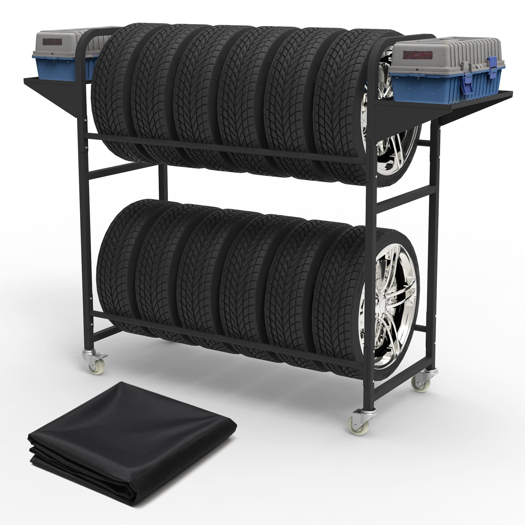 Tire Storage Rack 57" x 55.1" x 20" w/Anti-dust Cover, Adjustable Rolling Tire Rack for Garage Black w/4 Swivel Casters & 2 Storage Shelf for Garage Storage