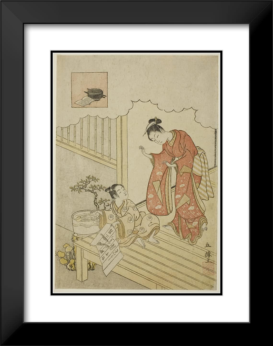 ArtDirect Suzuki Harunobu 19x24 Black Modern Framed and Double Matted Art Print Titled ONO no Komachi Washing The Book