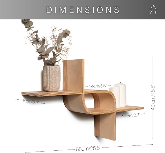 EWART WOODS Floating Wall Mounted Shelf from Wood, Decorative Geometric Wooden Shelves, Unique Oak Hanging Display, Modern Walnut Rack