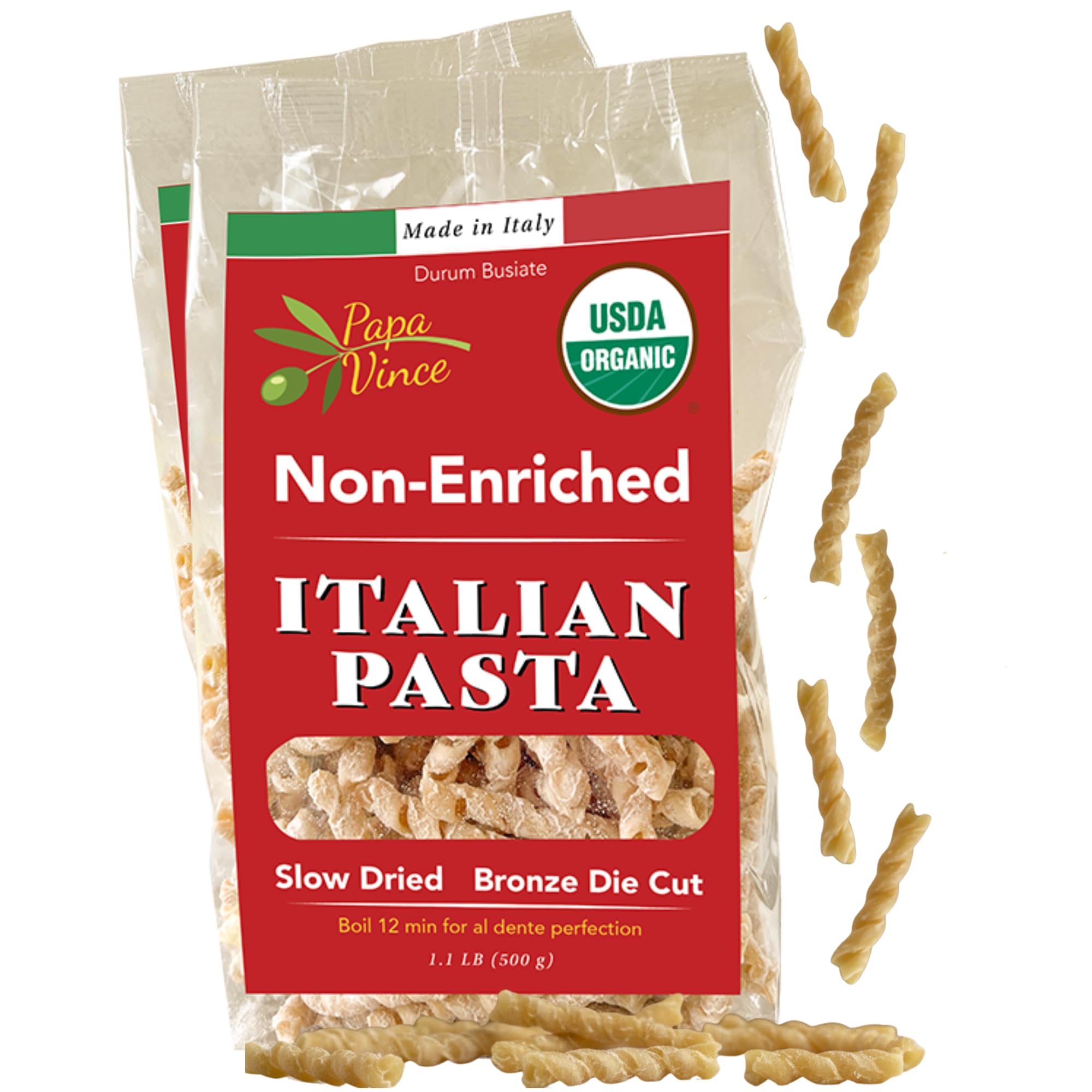Papa Vince Organic Non Enriched Pasta - good whole wheat busiate pasta, made in Italy from ancient grains cultivated in Sicily, Italy. Slow Dried. Bronze Die Cut. Delightful Al dente texture. No funny taste