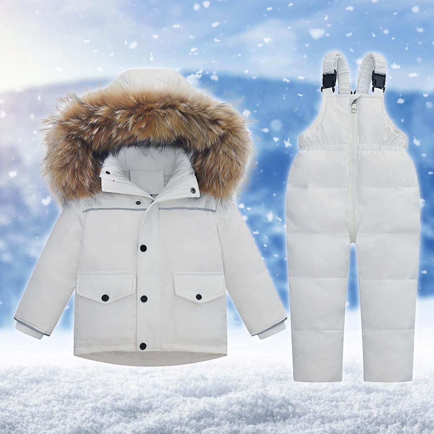 Girls Boys Warm 2 Piece Heavyweight Snowsuit Faux Fur Hooded Ski Jacket and Snow Pants Overall Bibs 2 Pcs Set