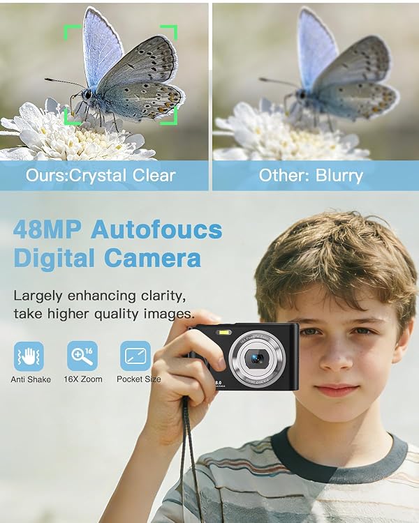 Digital Camera, FHD 1080P 48MP Autofocus Point and Shoot Camera for Kids Teens Boy Girl Starter, 16X Zoom, User-Friendly Compact Small Travel Camera for Photography and Vlogging(Black) by Kenuo - Image 2