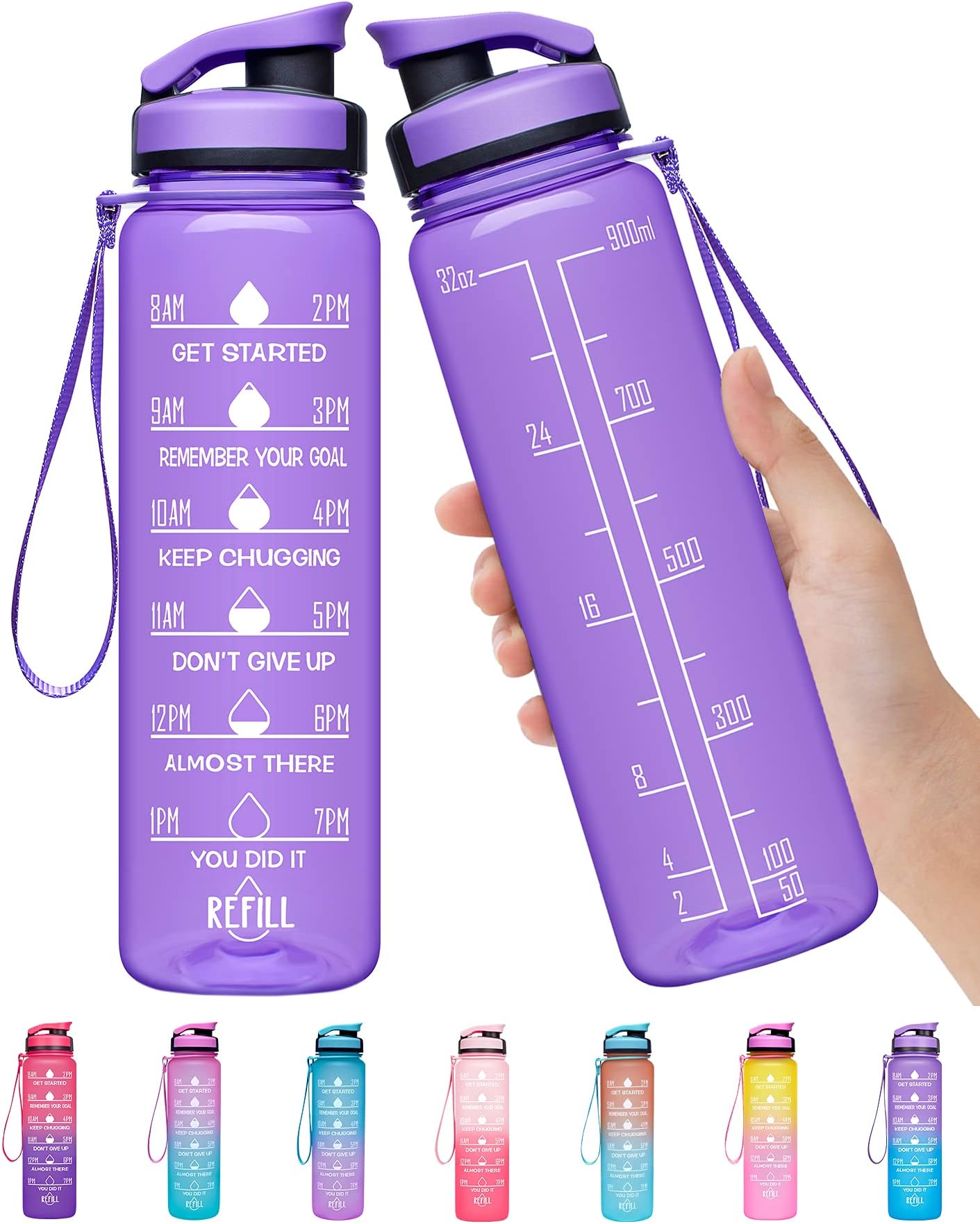 Elvira 32oz Large Water Bottle with Motivational Time Marker & Removable Strainer,Fast Flow BPA Free Non-Toxic for Fitness, Gym and Outdoor Sports