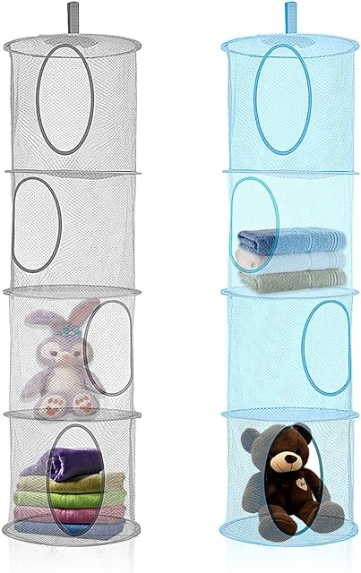 Space Hanging Mesh, Storage Hanging Mesh 4 Tier Collapsible Hanging Storage Net Suitable for Kids Room Soft Toys Clothes Sundries 2PCS Blue+Gray,110x30x30cm