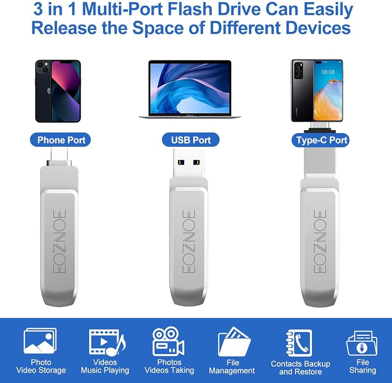 EOZNOE 32GB USB Pendrive Telefonhoz - 3in1 Adattároló Fotókhoz és Videókhoz, Alkalmazás Nélkül, Android/iOS/PC Kompatibilis, USB 3.0