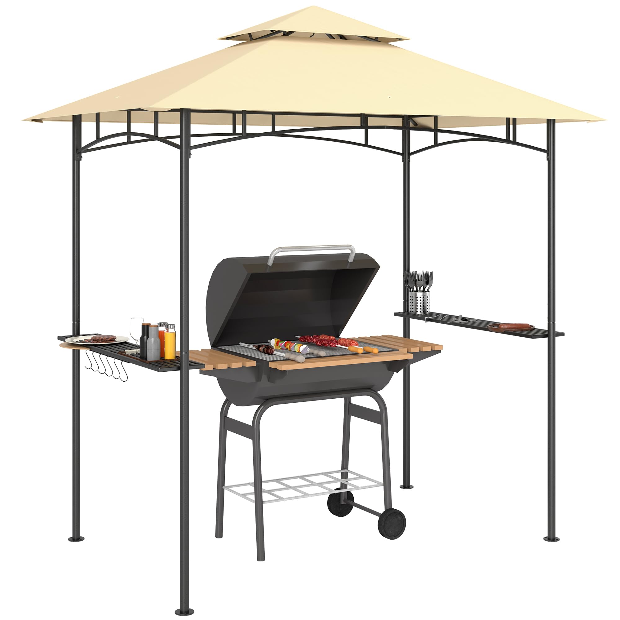 Outsunny Beige Double Tiered Bbq Gazebo Shelter With Led Lights 8' X 5'