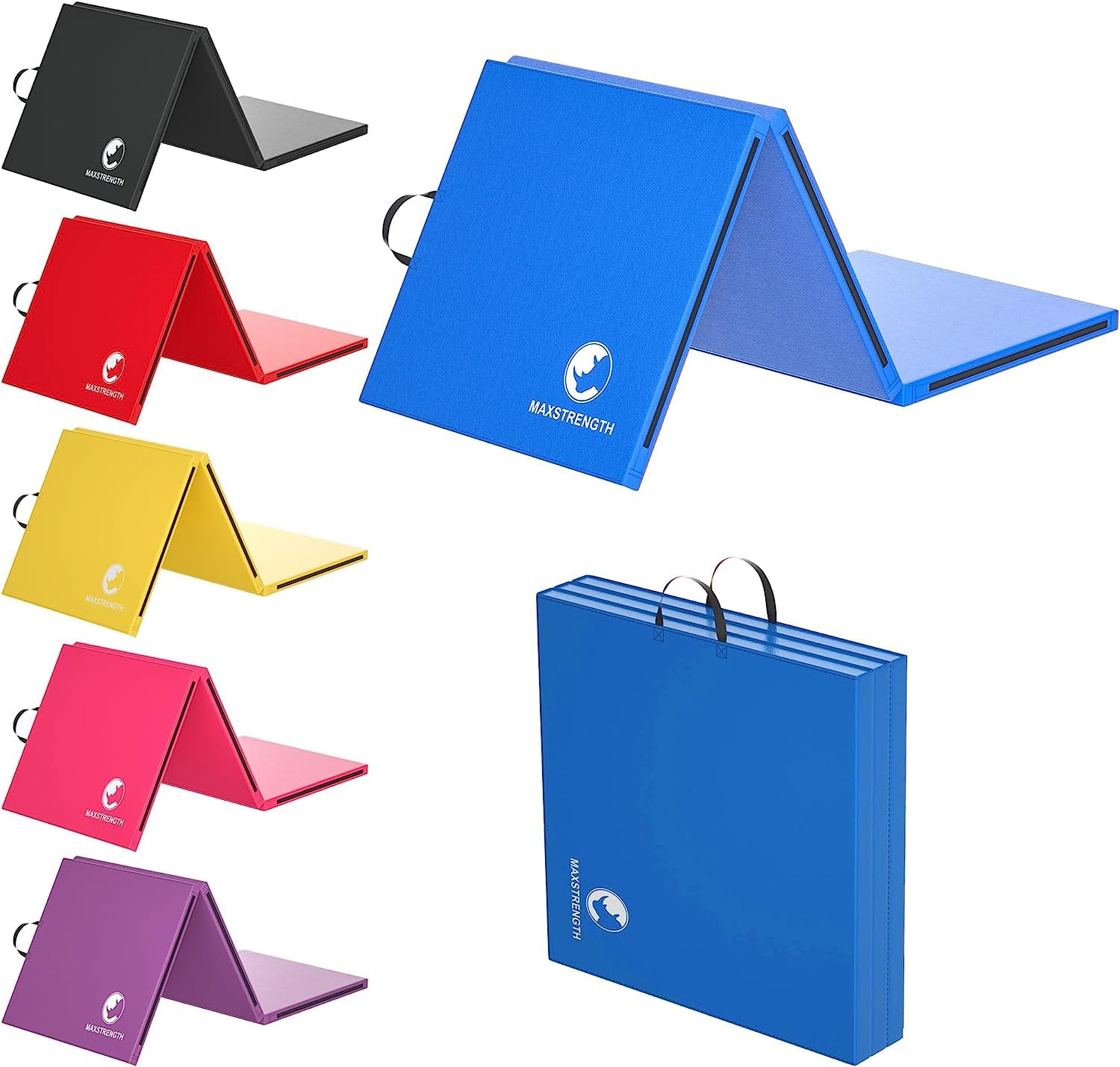 MAXSTRENGTH Gymnastics Tri Folding Exercise Mats 6ft Long – Non Slip - High Density 5cm Thick Foam - Soft PU Leather - Carry Handles - Gym Yoga Pilates Floor Workout Equipment (Blue) — image 1