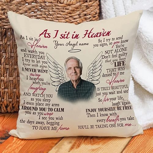 Miniatura 1 de Almohada conmemorativa personalizada para papá, mamá, ángel en el cielo, foto personalizada mientras me siento en el cielo, almohada perdida de un