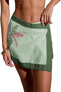 Women's Embroidered Wrap Mini Skirt Summer Cotton Linen Tie Side High Waist A Line Beach Boho Short Skirt - Buy now