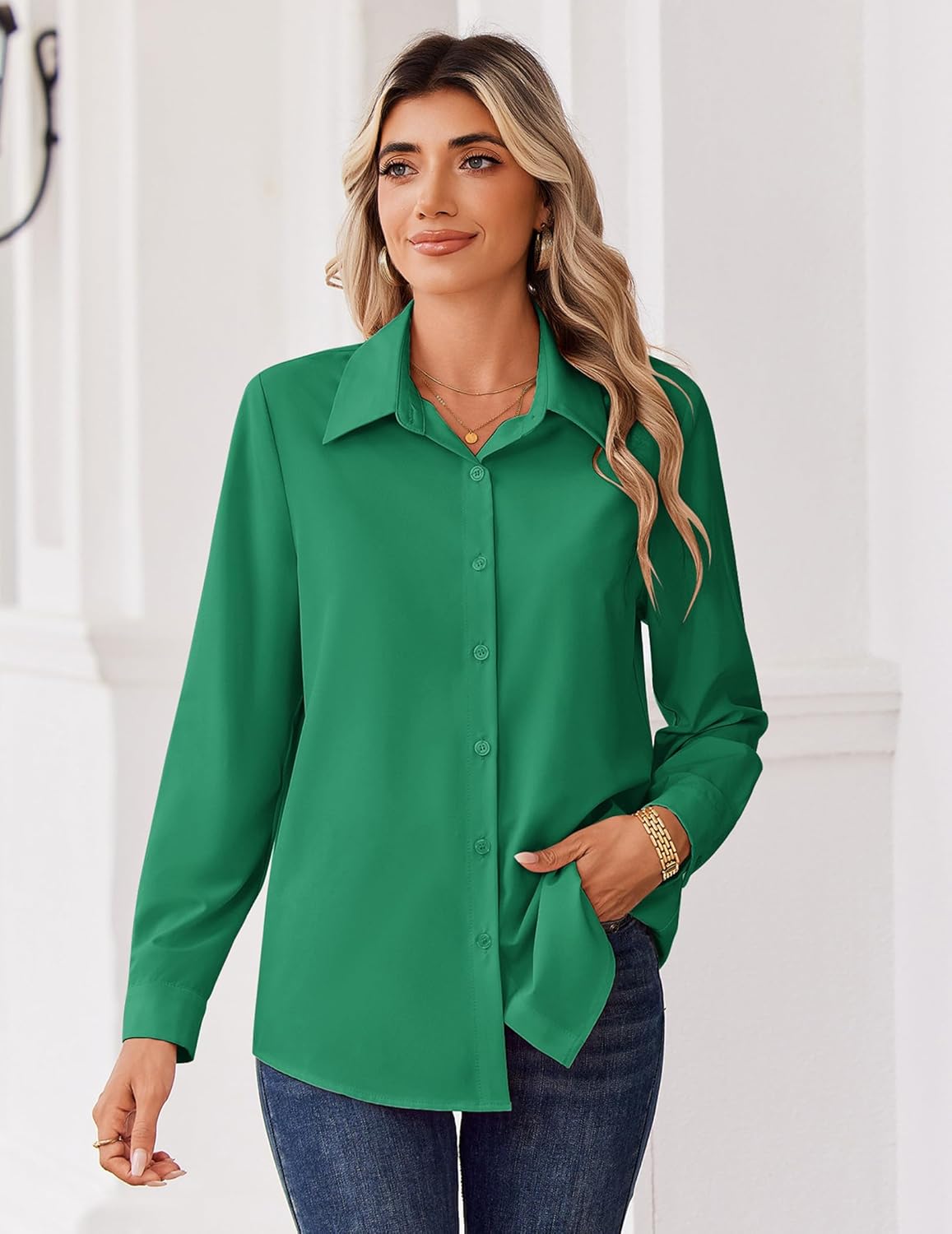 Zeagoo Blouse for Women Dressy Long Sleeve Button Down Shirts Business Casual Outfit Lightweight Solid/Printed Tops - Image 6