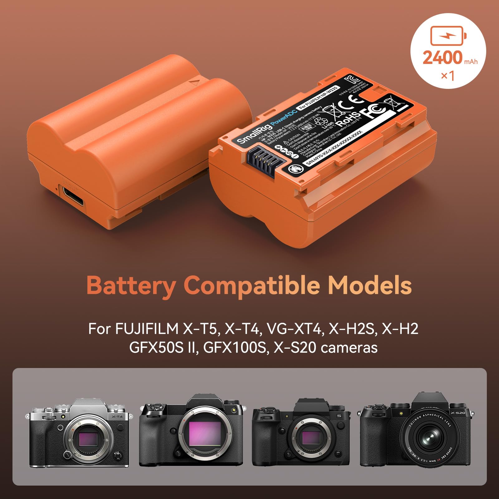 SMALLRIG Battery 2400mAh USB-C Kamera-Akku für Fujifilm NP-W235 X-T5, X-T4, GFX100S, 2,5H voll aufgeladener Kamera-Akku für Fujifilm X-T5, X-T4, X-H2S, X-H2, GFX50S II, VG-XT4, X-S20, Orange – 4970