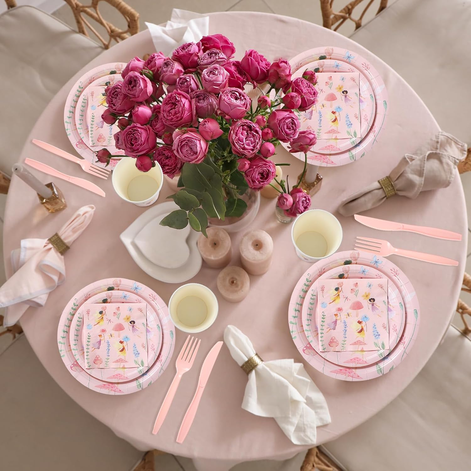 Qinyoung 350 Pcs Fairy Party Decorations Fairy Birthday Party Supplies Disposable Paper Plates Napkins Tableware Set for Fairies Enchanted Forest Garden Birthday Baby Shower Serve 50 - Image 6