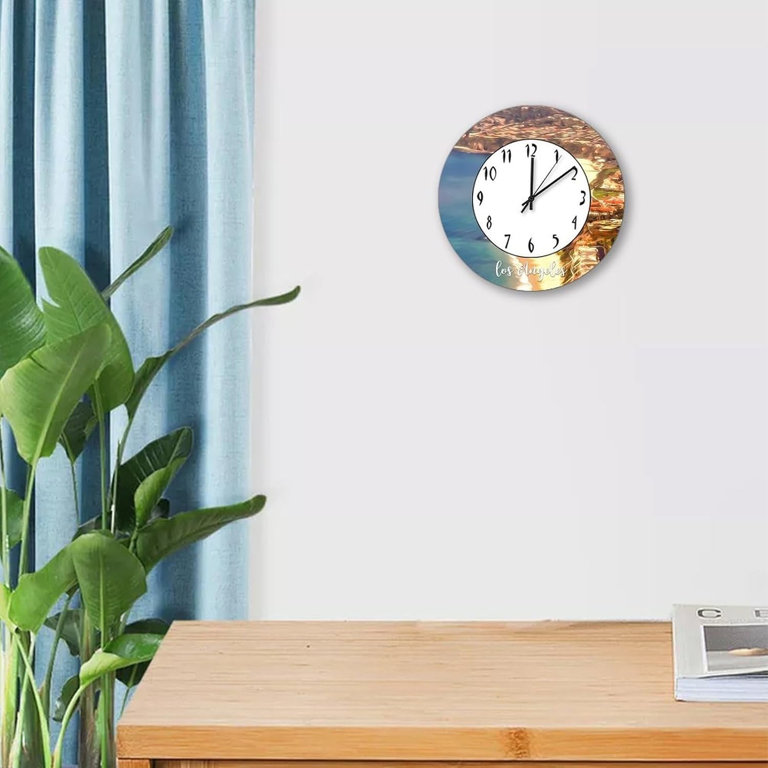 Los Angeles Scenery Cityscape Hanging Wall Clock Los Angeles Round Wood Wall Clock 12inch Clocks Battery Operated Quartz Silent Art Clocks for Living Room Bedroom Office
