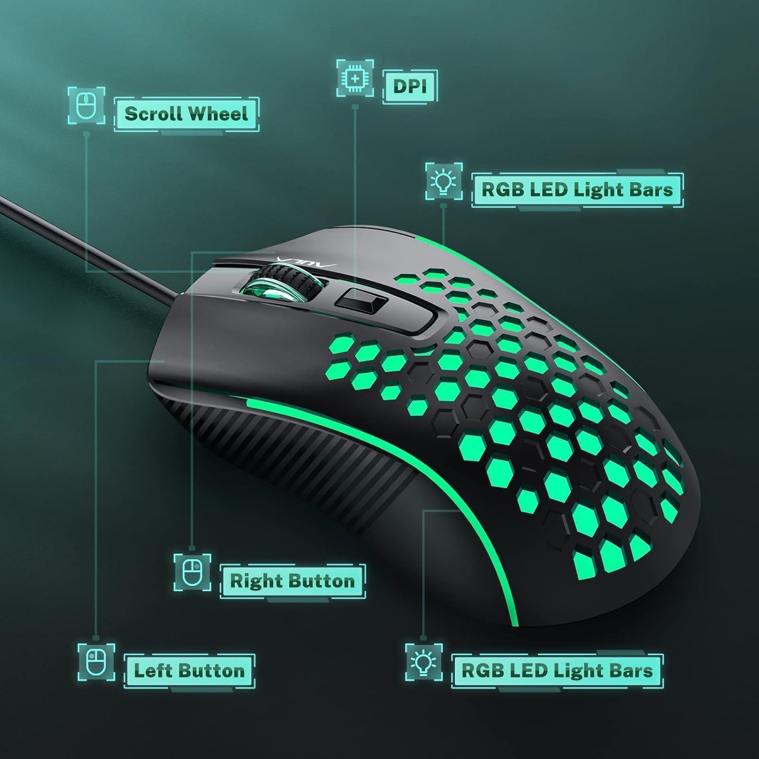 AULA Gaming Mouse Wired, Ultra-Lightweight Honeycomb Computer Mice with RGB Backlit, 3600 Adjustable DPI USB Computer Mouse for Windows PC & Laptop Gamers