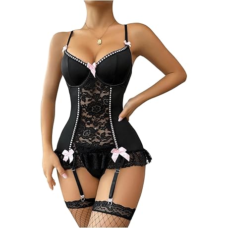 Women's 4-Piece Floral Lace Bow Front Garter Belt Emo Lingerie Set