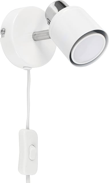 MiniSun Modern White and Chrome Single Adjustable Wall Spotlight with Practical Plug, Cable and Switch