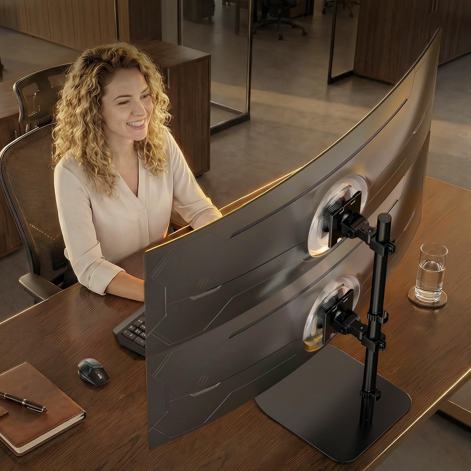 Soporte para monitor de 2 monitores uno encima del otro para 17-49 pulgadas, pantalla apilable vertical, postura independiente, altura ajustable, máx. 20 kg por brazo, VESA 75/100 mm, negro