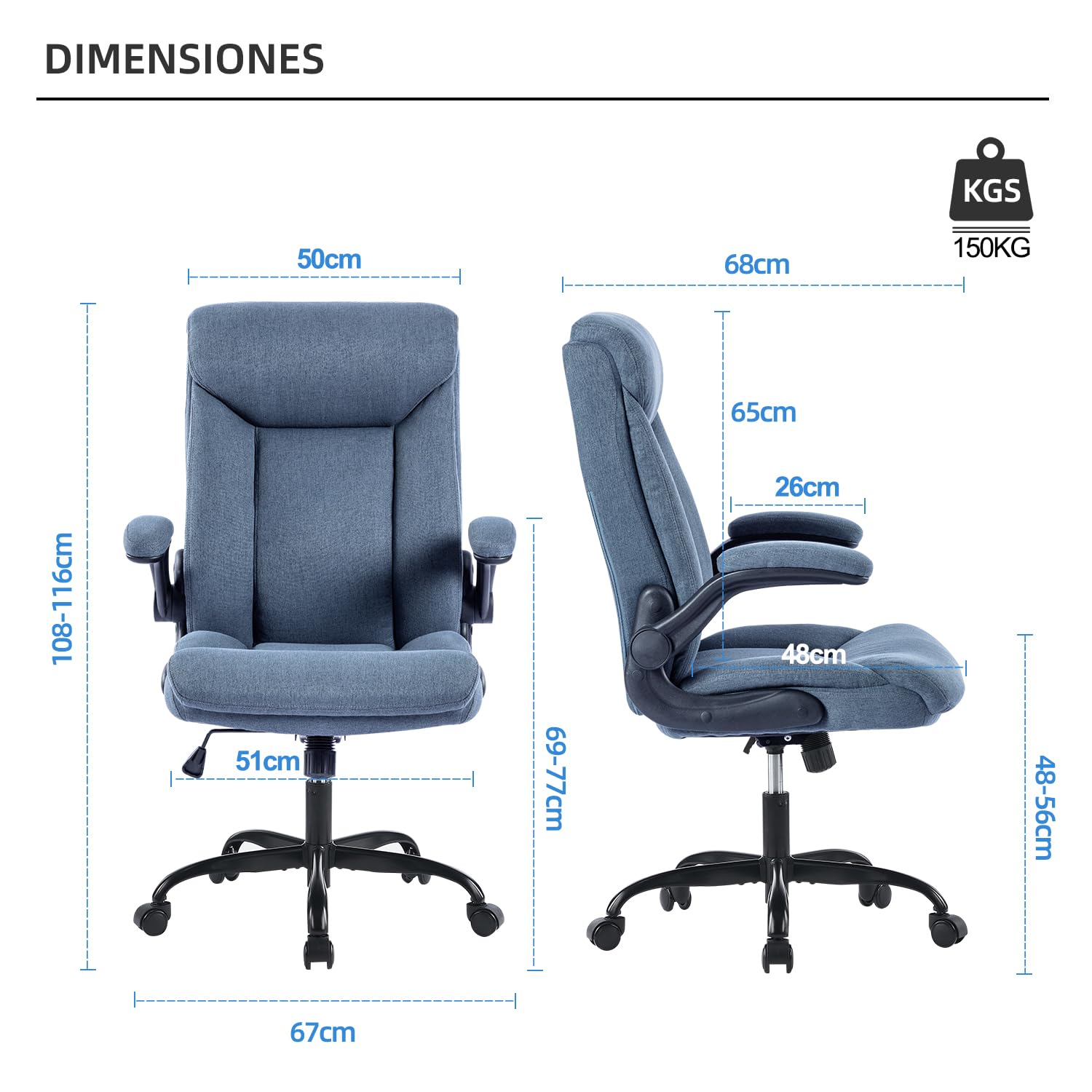 MZLEE Silla Escritorio Ergonómica de Tela, Silla Oficina, Azul | Reposabrazos Abatibles, Soporte Lumbar, Capacidad 150 kg, Giratoria, Azul Marino