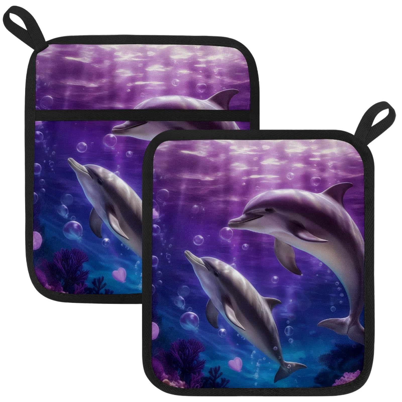 VAPOKF Purple Dolphin Pot Holders with Pocket for Kitchen Heat Resistant Potholders Large Polyester-Cotton Square Oven Mitts Set