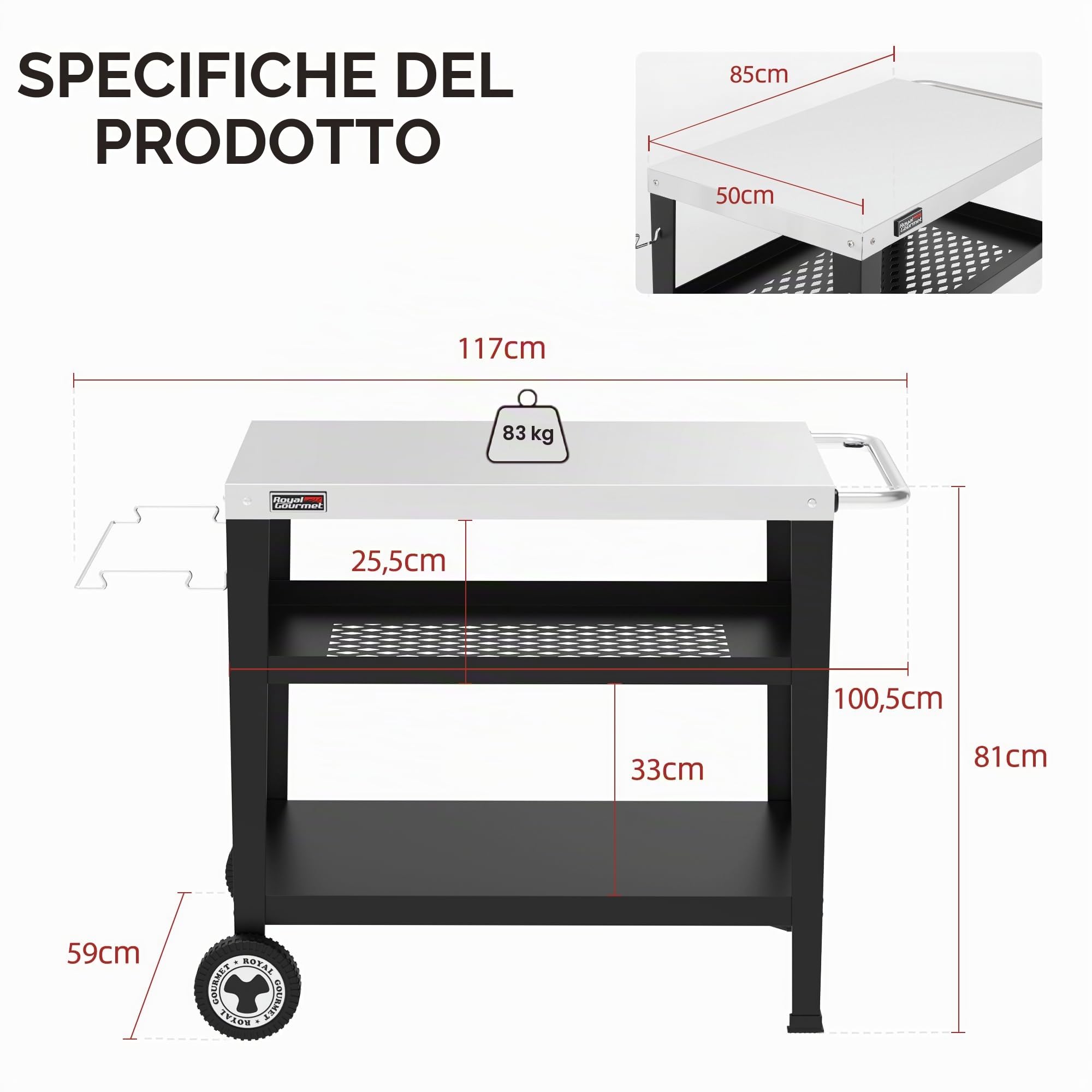 Royal Gourmet Carrello da portata a 3 piani in acciaio inox 85 x 50 cm argento
