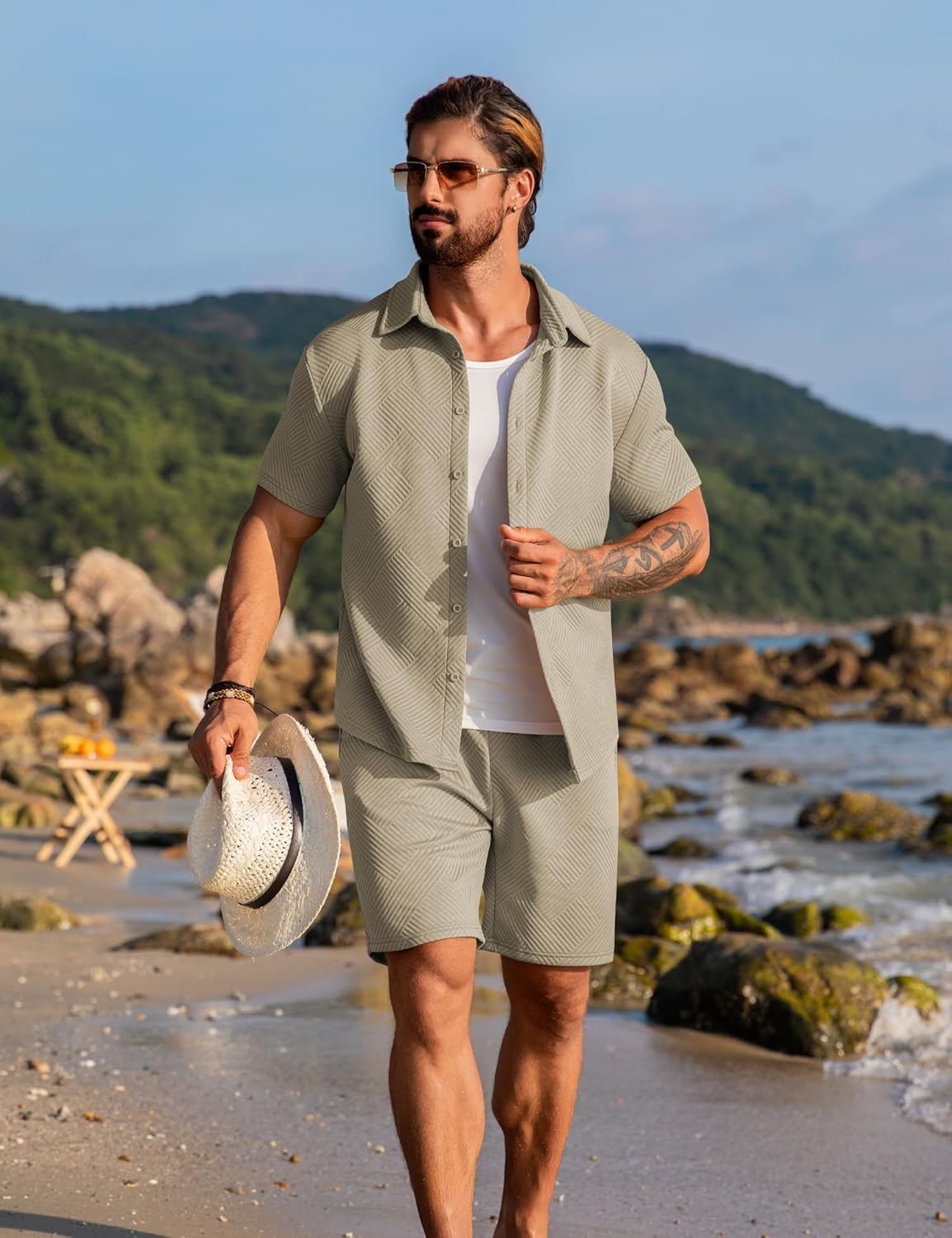 URRU Men's Shirt and Shorts Set Summer Outfits Short Sleeve Casual Button Down 2 Piece Shorts Set - Image 4