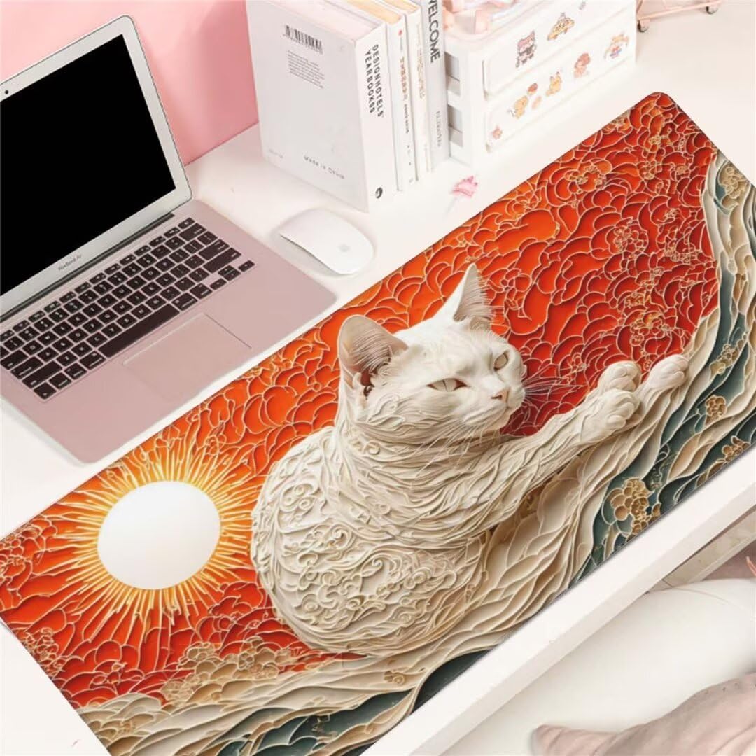 Alfombrilla de ratón 1400x600x3 MM, Alfombrilla Ratón XXL Extendida de Gran Tamaño con Bordes Cosidos, Base de Goma Antideslizante Almohadilla para Teclado, Gatos japoneses S-10595