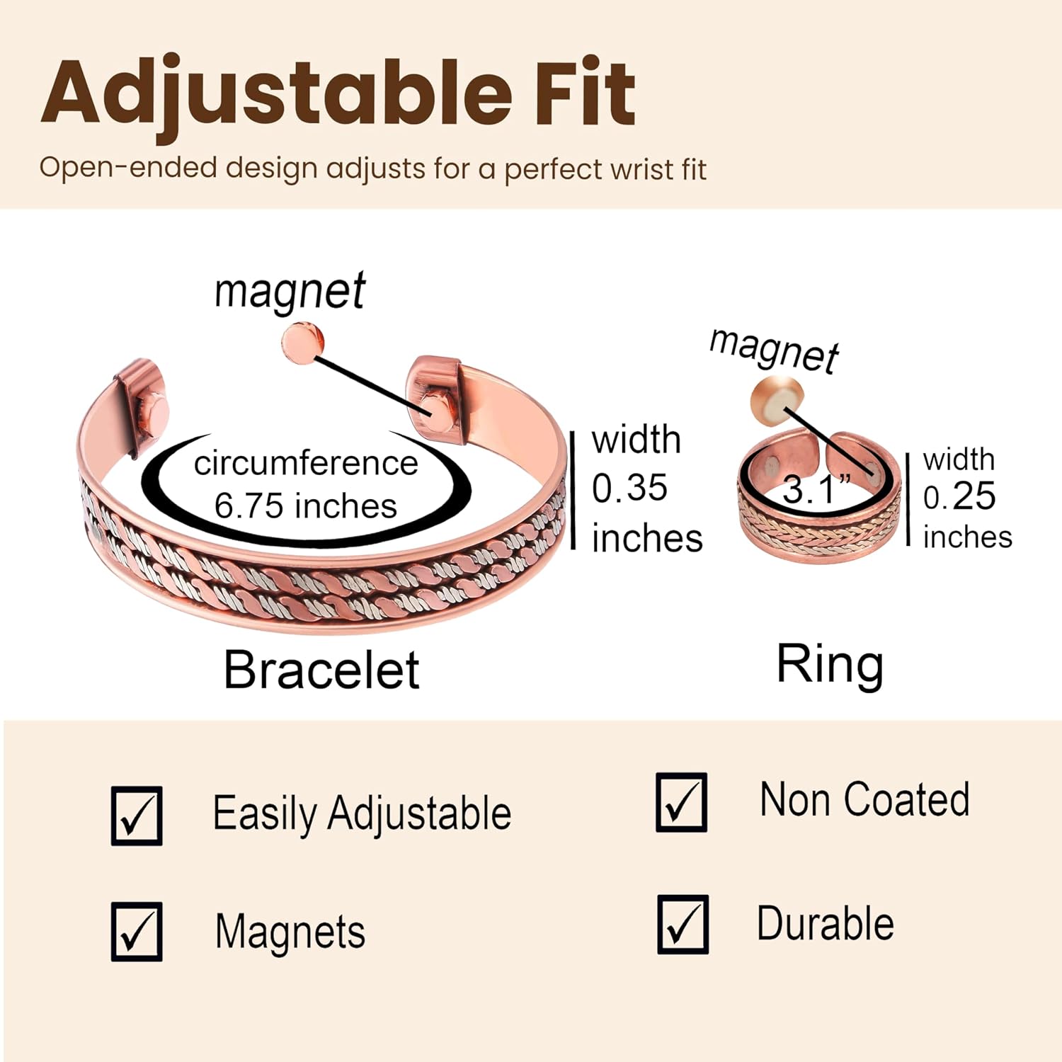 Touchstone Handcrafted Copper Magnetic Hand Forged with Solid and High Gauge Tibetan Style Minimalistic Elegance Copper Bracelet and Matching Ring.
