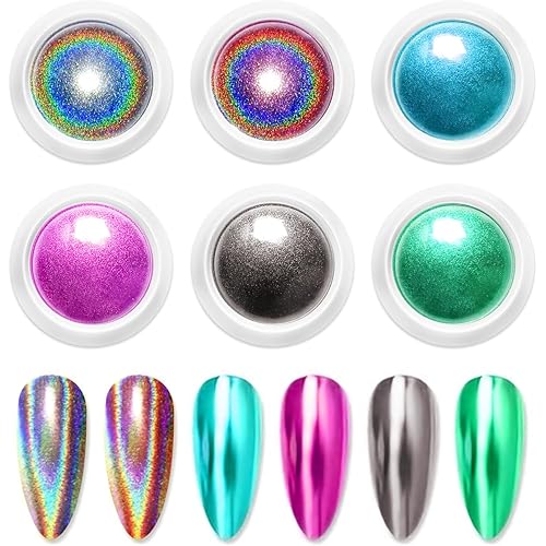 Chrome Nail Powder 6 Boxes Metallic Mirror Effect Nail Art Powder, Holographic Pigment Glitter Dust for Gel Polish Manicure Decoration with 6 Eyeshadow Sticks