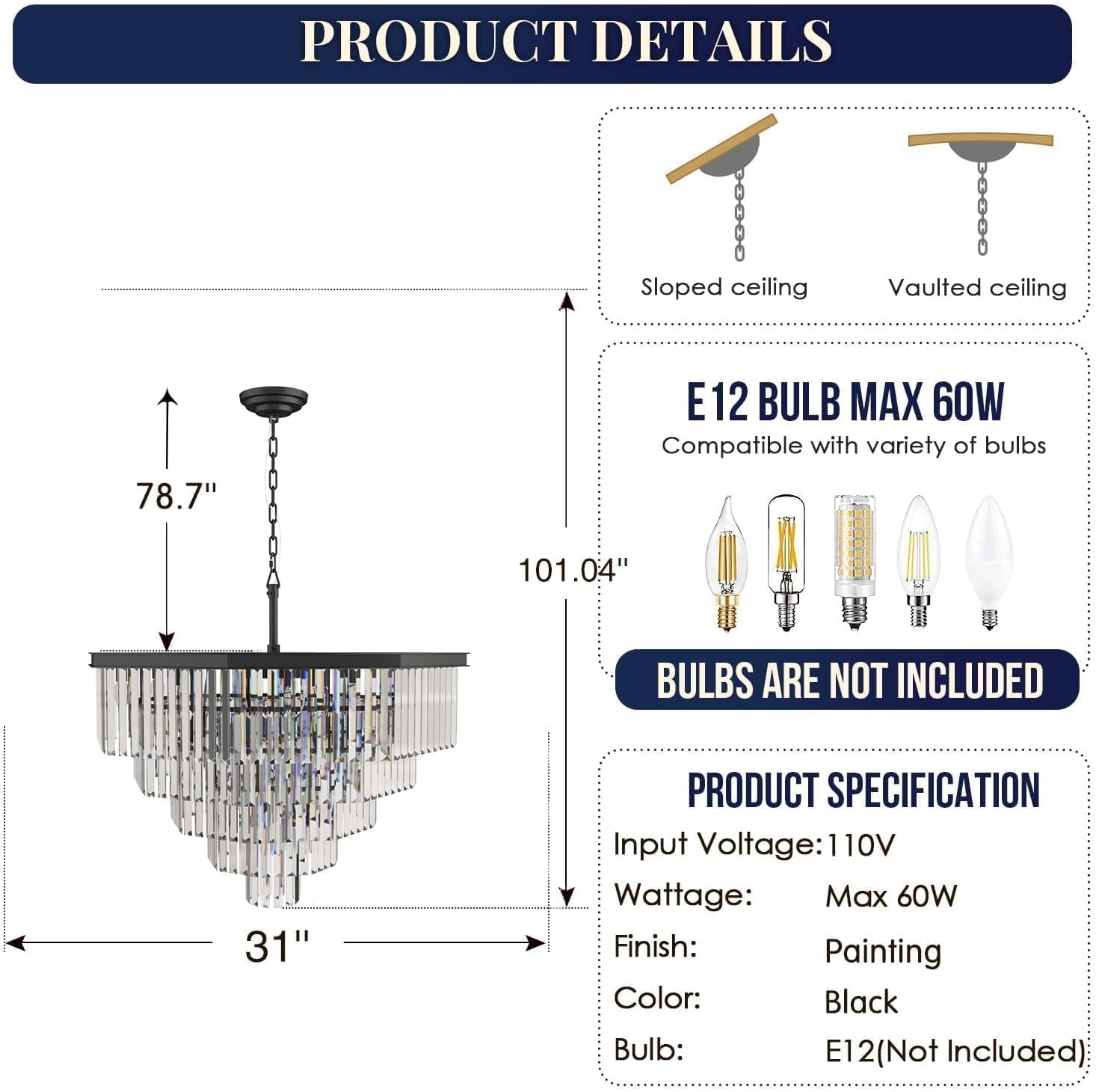 Modern Crystal Chandelier, 13-Light 5 Tiers Round Chandelier, Adjustable Hanging Metal Ceiling Lighting Fixture, Foyer Dining Room Chandeliers for Living Room Bedroom,W31-inch Black