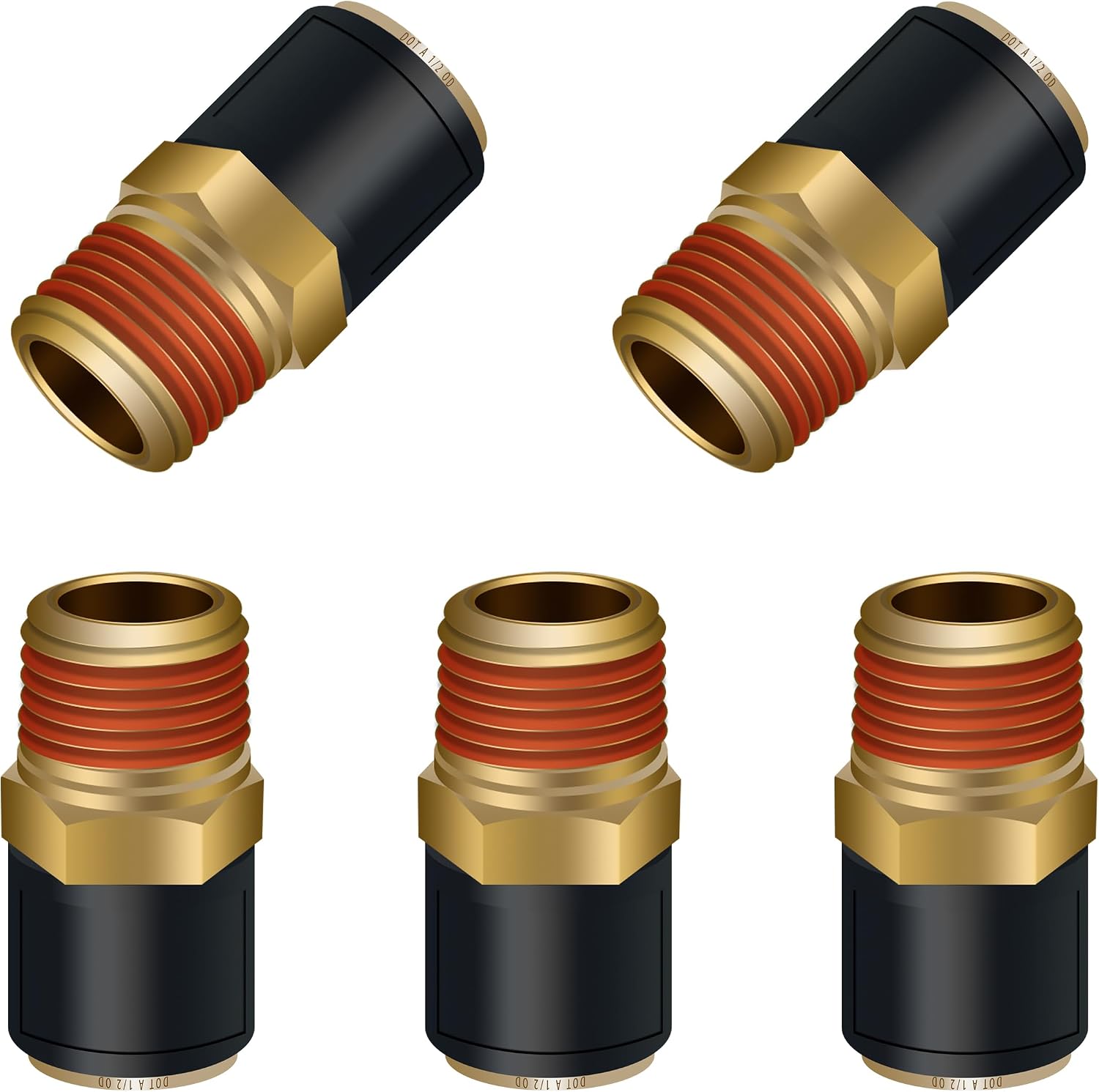 1/2" DOT Air Fittings Straight Union 5PCS, 1/2" Tube OD x 1/2" NPT Thread PTC/PTCR & Brass Air Line Quick Connect Fittings for Truck Trailers and Air Brake System