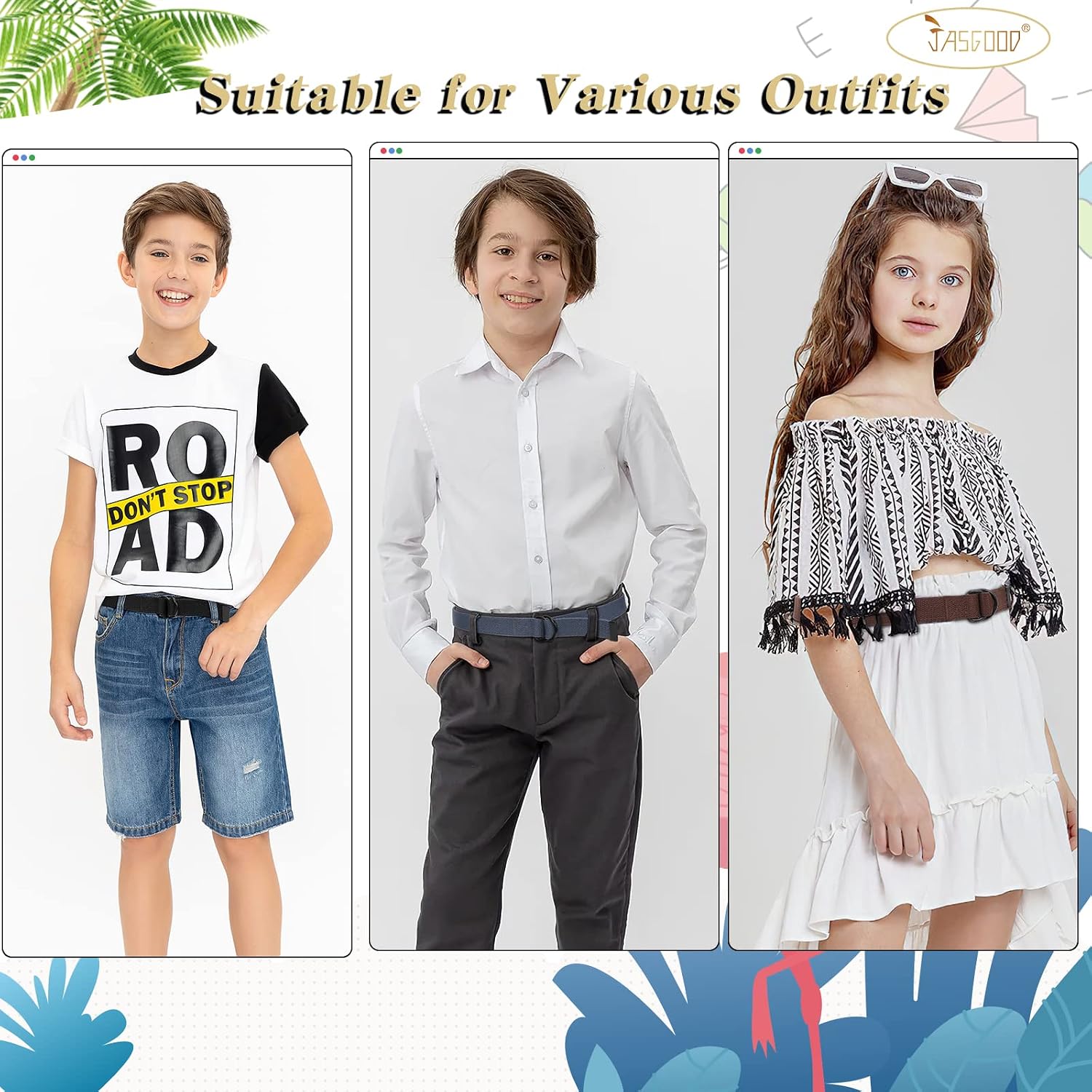 JASGOOD Kids Canvas Belts for Boys Girls Double D-ring Buckle Web Strap Belt Uniform Baseball Unisex Waist Belt for Youth