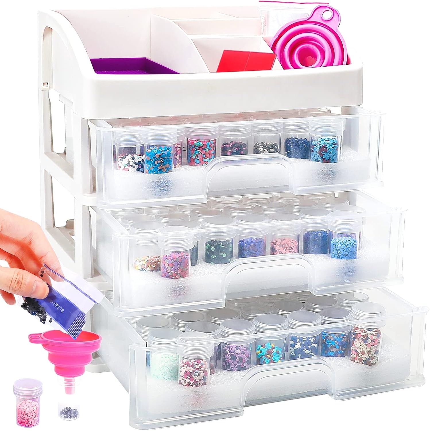 BEIFUMEI Diamond Painting Accessories Storage Containers, Plastic Storage Box with Drawer 111 Slot Individual Containers Desktop Storage Case for Diamond Art Nail Pill Rhinestones Beads Organizer