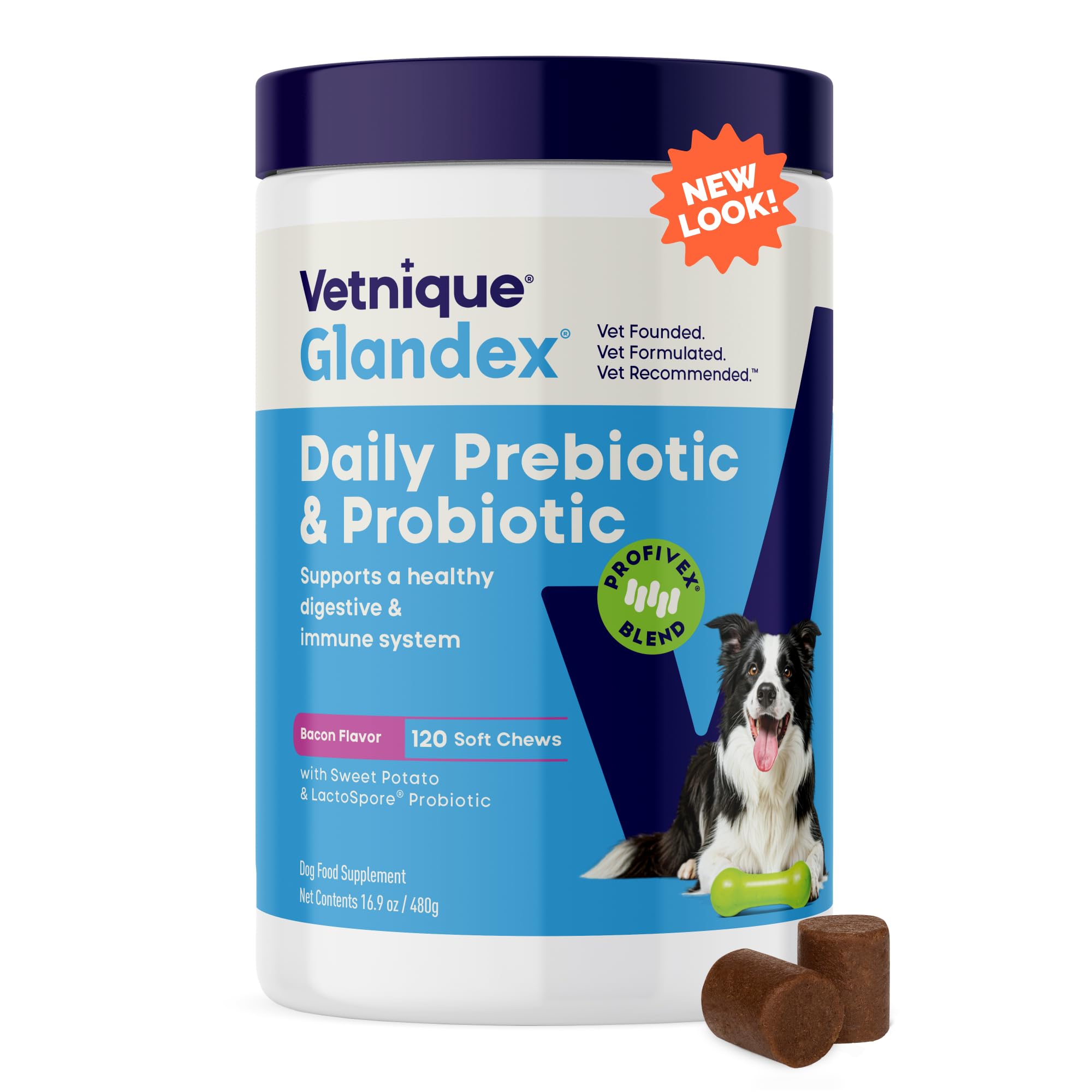 Vetnique Glandex Daily Probiotics for Dogs with Prebiotics to Support Gut Health with Fiber and Digestive Enzymes, Dog Probiotic Chews or Powders (120ct Chews, Bacon Chews)