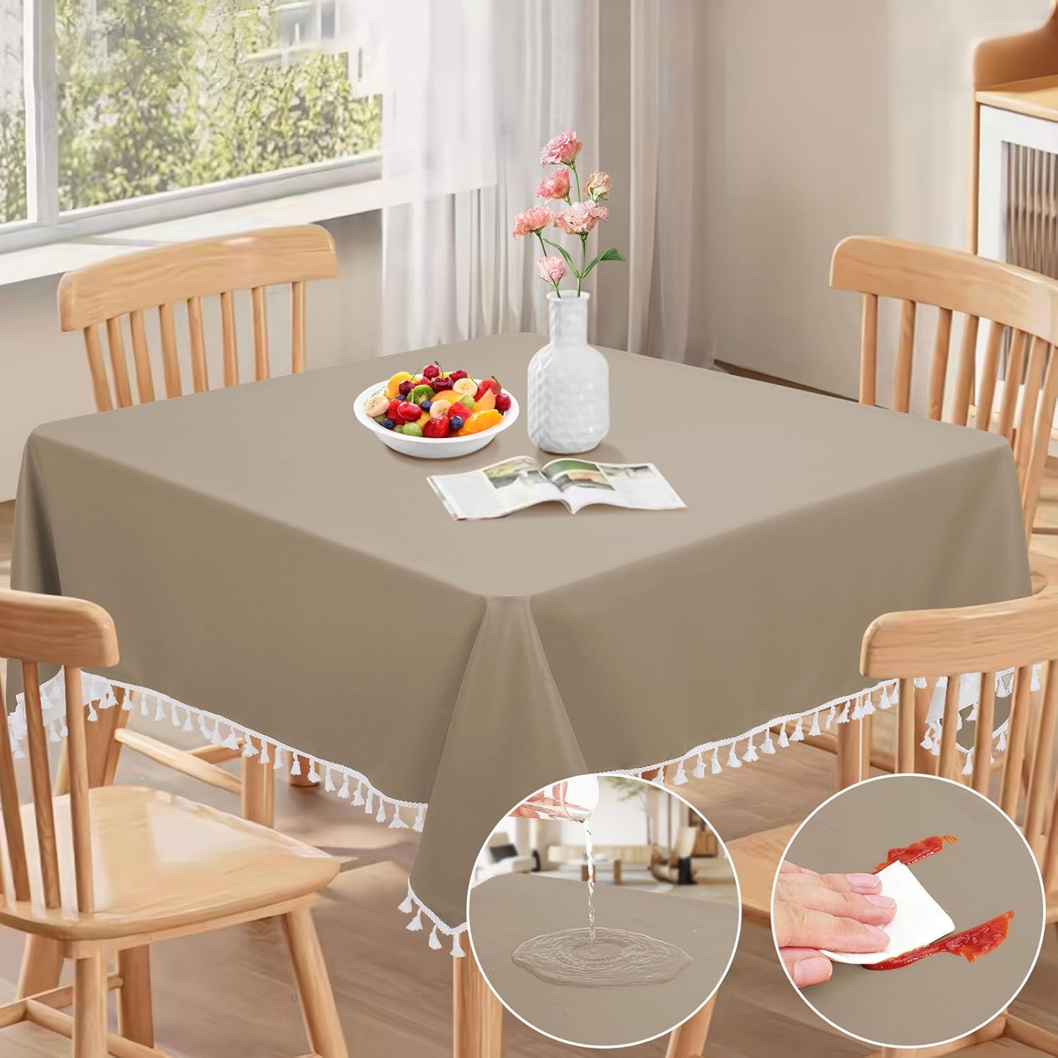 Boho Premium Heavy Duty Vinyl Square Waterproof Tablecloth with Flannel Backing, 60'' Faux Leather Wipeable Outdoor Square Tablecloth, Soft-Touch Oil-Proof Tassel Table Cloth(Light Brown) Square 60"X60"(Fits Side 32-40" Table)