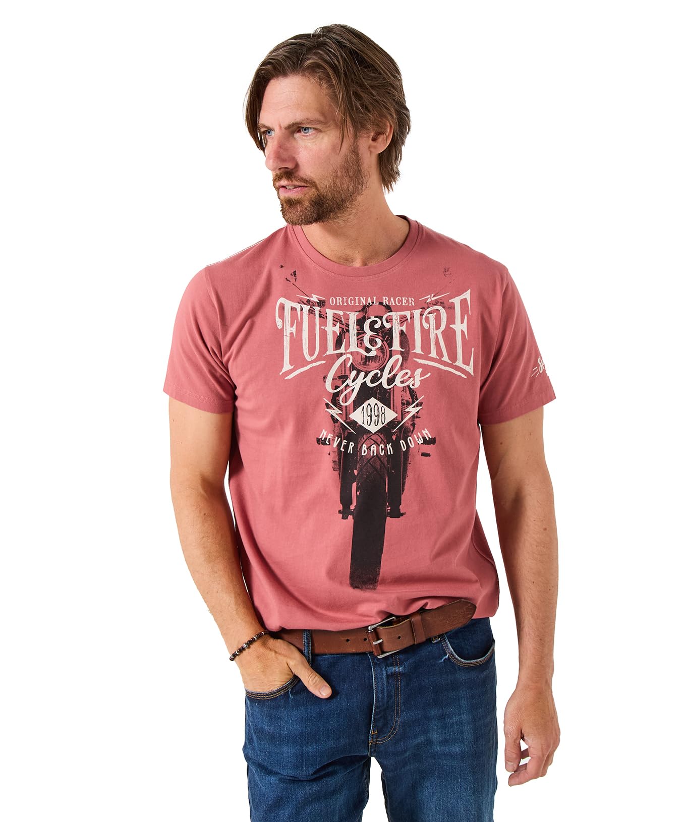 Joe Browns Male Biker Front Print Short Sleeve Crew Neck Tee, Regular, Pink, UK S