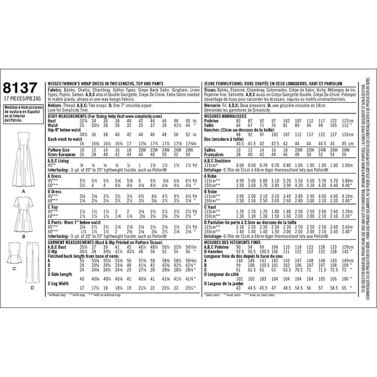 Simplicity 8137 Taglie Plus Size Wrap Abiti/Top e Pantaloni Modelli per Cucito, Bianco, AA
