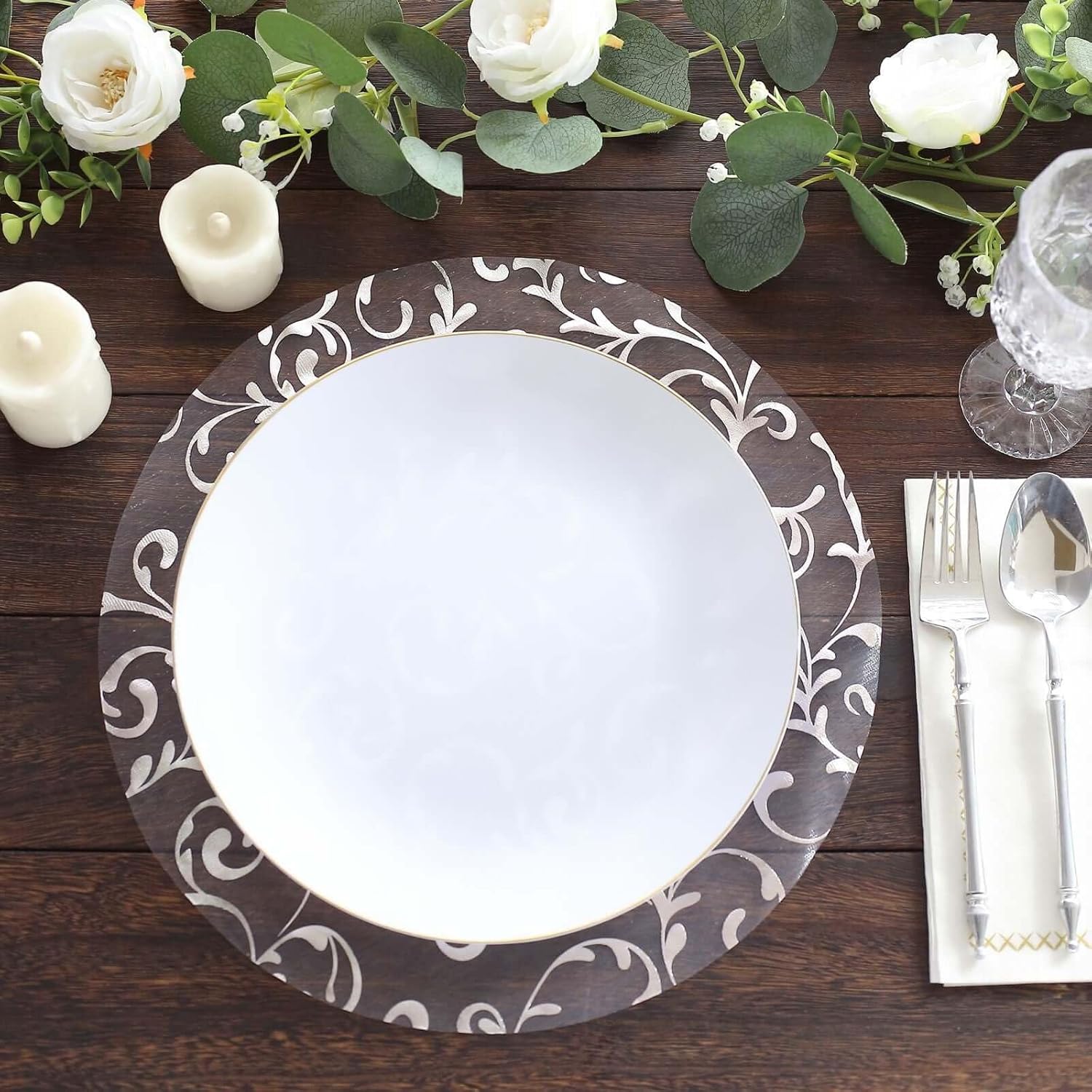50 Pack 13" Silver Sheer Organza Placemats - Round Embossed Foil Flower Design Disposable and Elegant