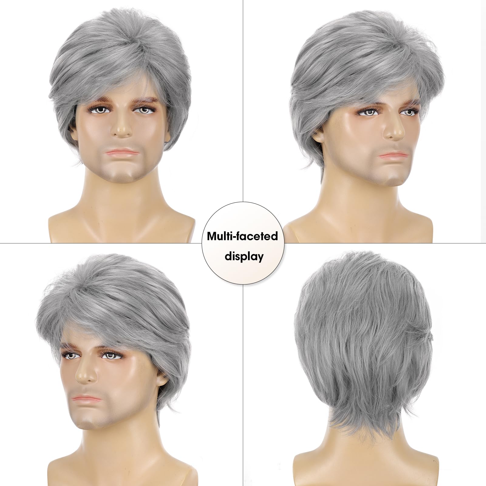 Perruque Courte Pour Hommes - Cheveux Humains Blancs Et Gris, Style Naturel, Taille Moyenne