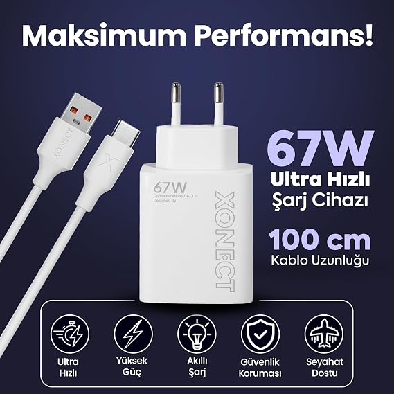 USB Çıkışlı 67W Hızlı Şarj Adaptörü ve 1M USB to Type-C Kablo Seti