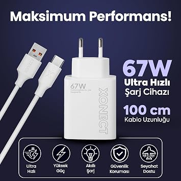 USB Çıkışlı 67W Hızlı Şarj Adaptörü ve 1M USB to Type-C Kablo Seti