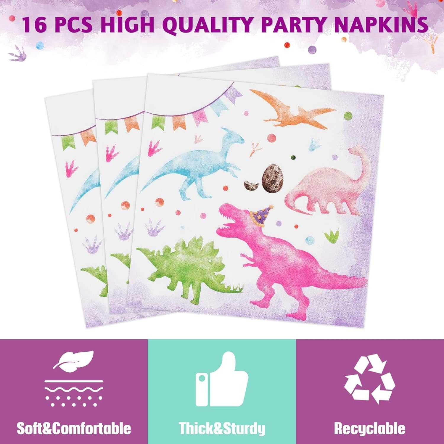 WERNNSAI Girl Dinosaur Party Decorations - 33 PCS Dino Plates Napkins Tablecloth Pink Dinosaur Birthday Decorations Three Rex Table Decorations for Kids Girls Birthday Baby Shower Serves 16 Guests