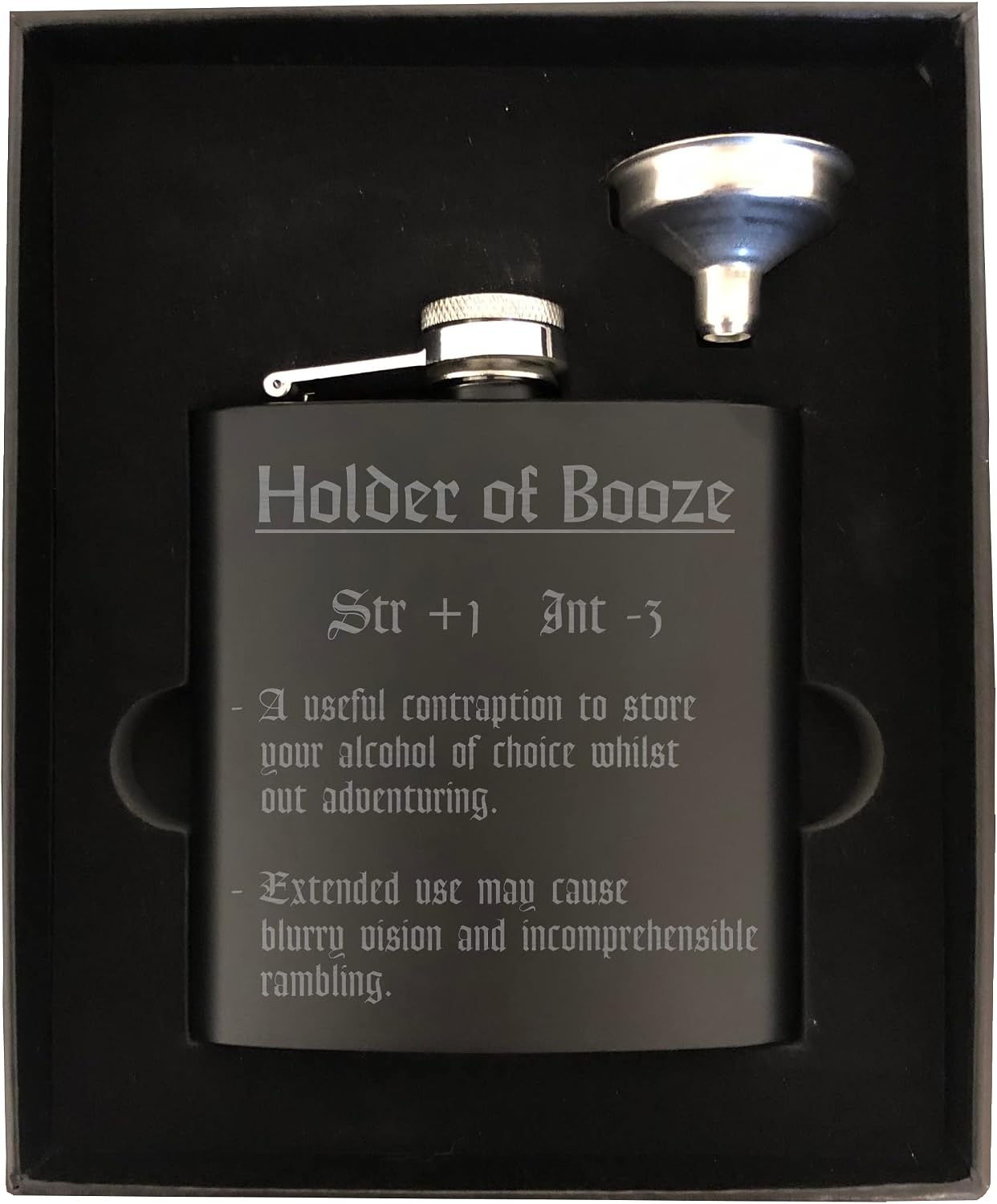 D&D Roleplaying Engraved Steel Flask Holder of Booze Funny Item Description