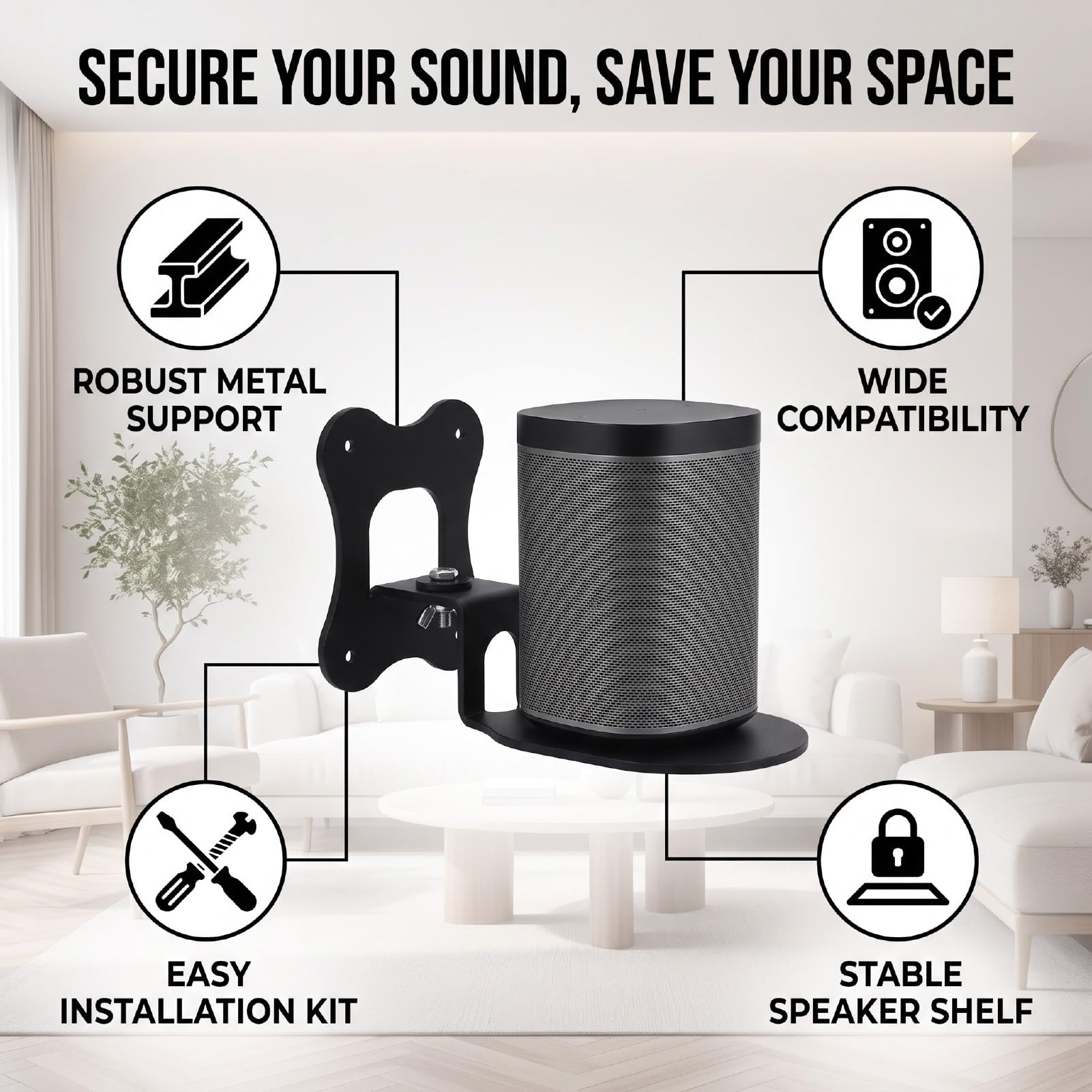 Supporto da Parete per Altoparlante Wireless, Staffa da Montaggio, | Staffa in Metallo 3 Mm, Salvaspazio, Angolo Regolabile, Viti Incluse, Base Stabile, Adatta Alla Casa