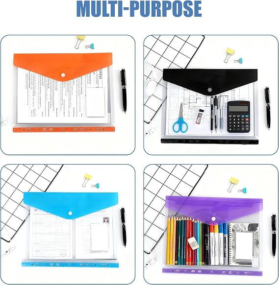 18 Pack Plastic Wallets A4 Punched Pockets, Expandable Folders for Paperwork A4 with Snap Button, Label Pocket & Ring Binders, Ideal Binder Folder for School Office Home