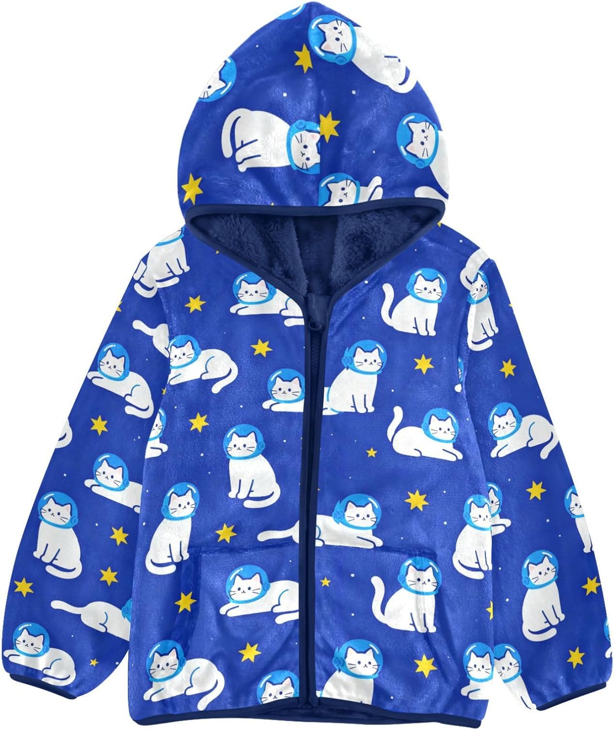 Blue Background Astronaut Cat Pattern Boys Zip Sweatshirt Outerwear Jackets Navy Blue Baby Boys Fall Fleece Jacket