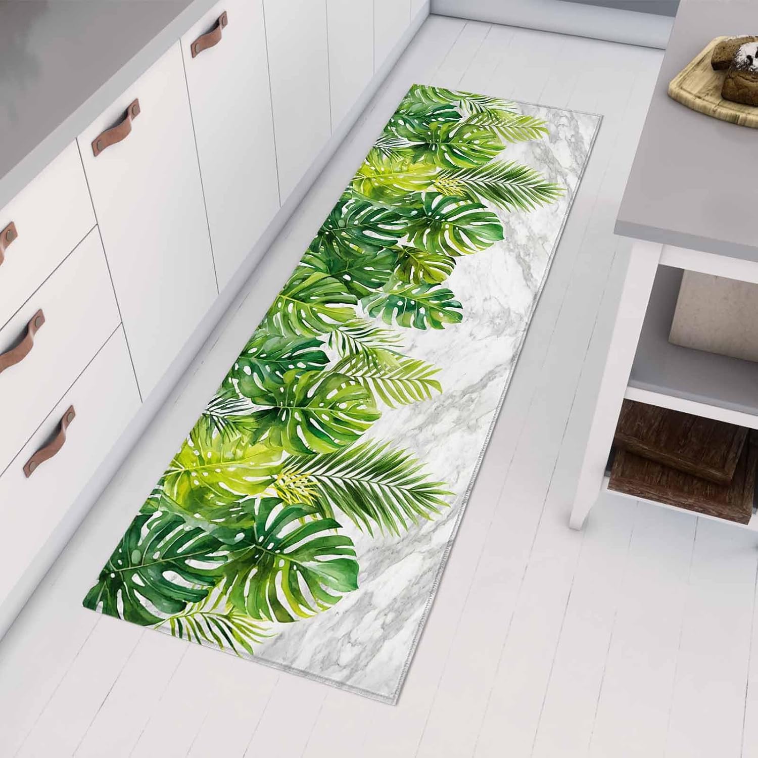 Teamery Kitchen Mats for Floor Watercolor Green Palm Leaves Gray Marble Washable Non Slip Kitchen Rugs 1PCS, Summer Foliage Absorbent Standing Mats for Sink Bathroom Office Living Room 23.6x70.9in