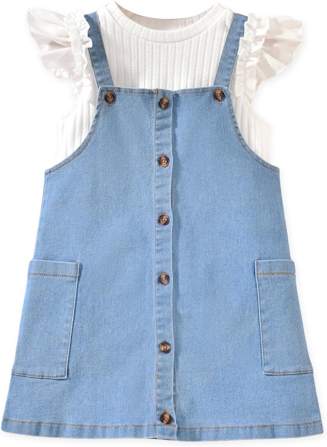 HINTINA Toddler Girl 2 Pieces Outfits Butterfly Sleeve T-shirt and Denim Overall Dress