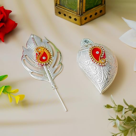Webelkart Art Deco Silver Roli Chawal Box with Leaf Motif – Red Velvet Interior – Kumkum, Chandan, Haldi, Sindoor – Puja & Festival Gift