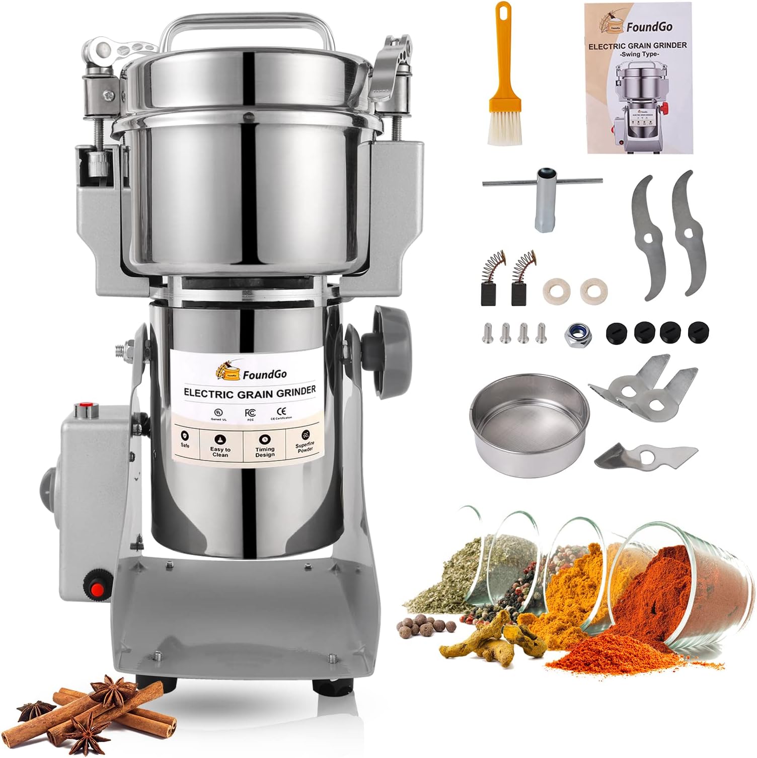 FoundGo 500g Grain Mill Electric Grinder Cereals Pulverizer Spice Grinding Powder Machine Corn Flour Grinders for Dry Spices Seeds Herbs Grains Coffee Rice Pepper, Commercial Grade