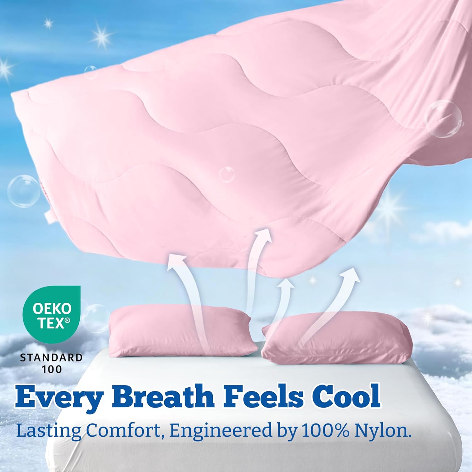 DOWNCOOL Cooling Comforter Queen Size, Lightweight Blanket for Hot Sleepers with Cooling Pillowcases, 3-Piece Bedding Set for Night Sweats & Moisture-Wicking Quick-Dry Fabric, Pink 90″x90″